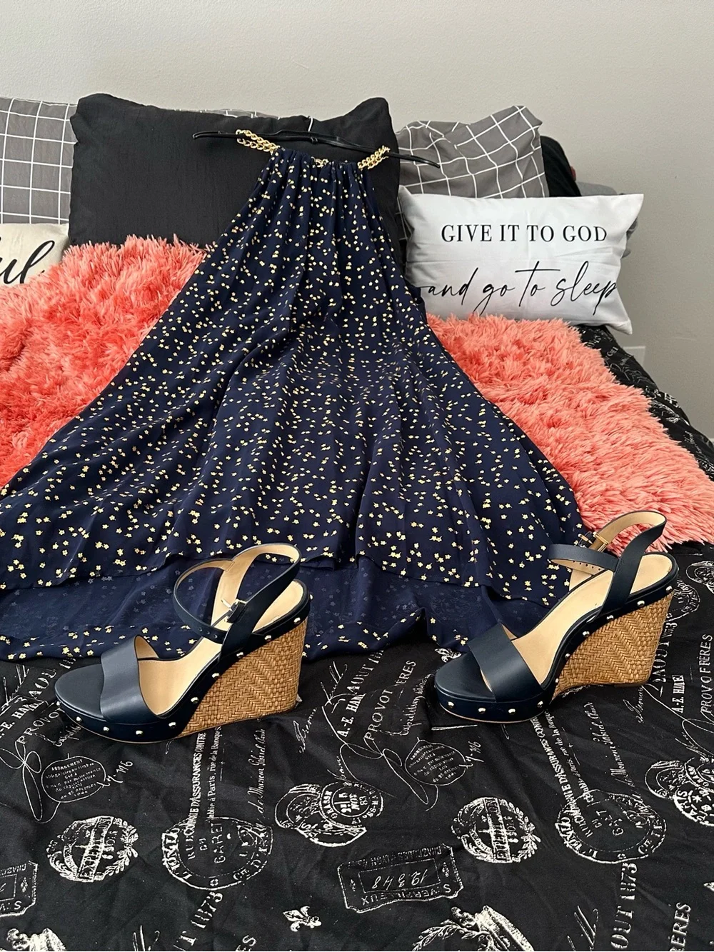 Michael Kors Chain Neck Metallic Print Trapeze Dress in True Navy and Gold Foil